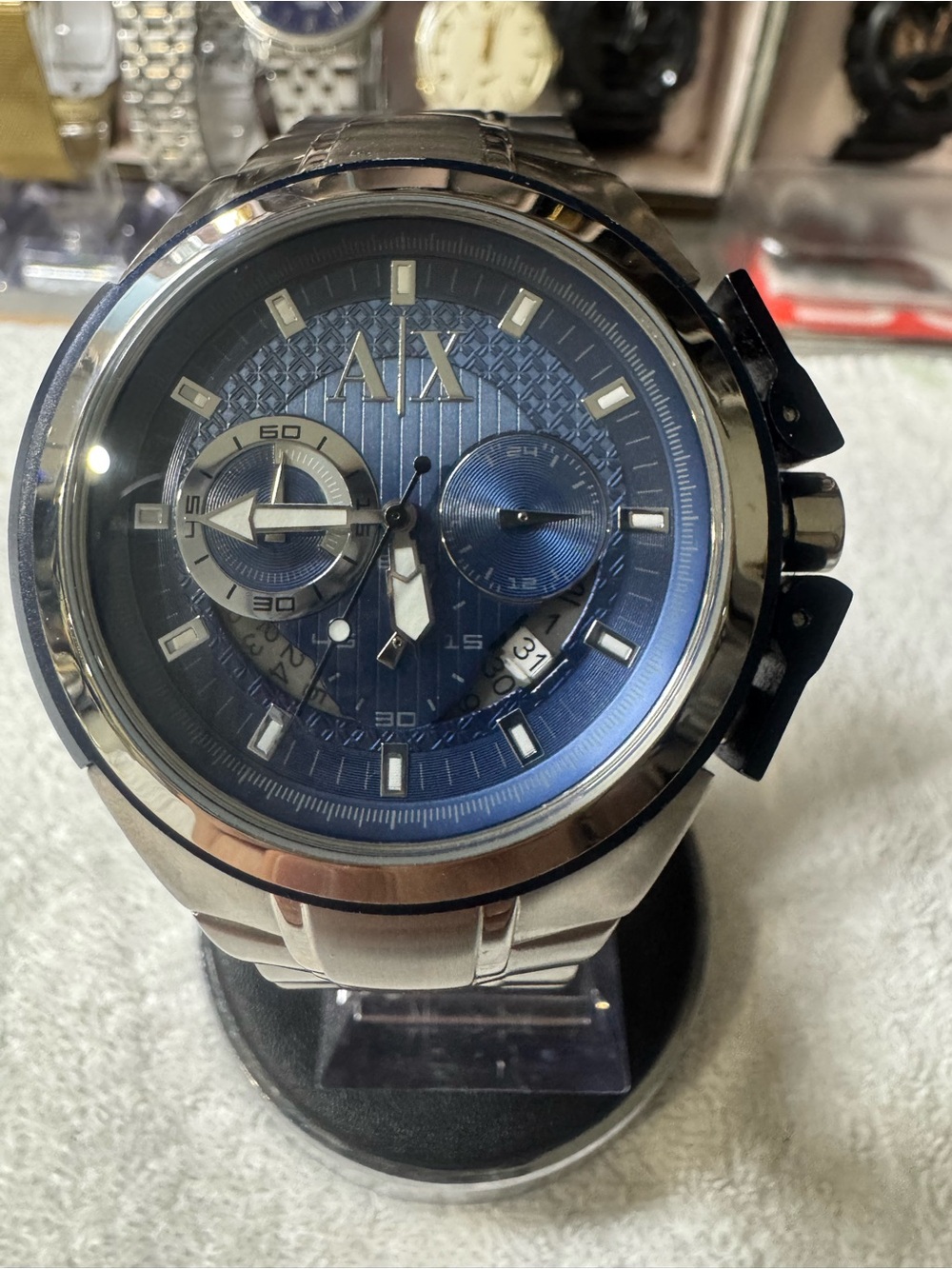 A/X Armani Exchange Men's Blue Dial Silver-Tone Chronograph Watch